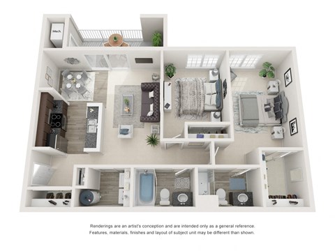 Floor plan for 2 beds, 2 baths, 1054 sqft